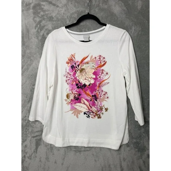 Chicos Floral Shirt Bracelet Sleeve Fairy White Pink Medium 1 3/4 Sleeve Cotton - Picture 2 of 7